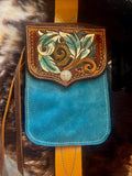 Turquoise leather rear cinch saddle sac