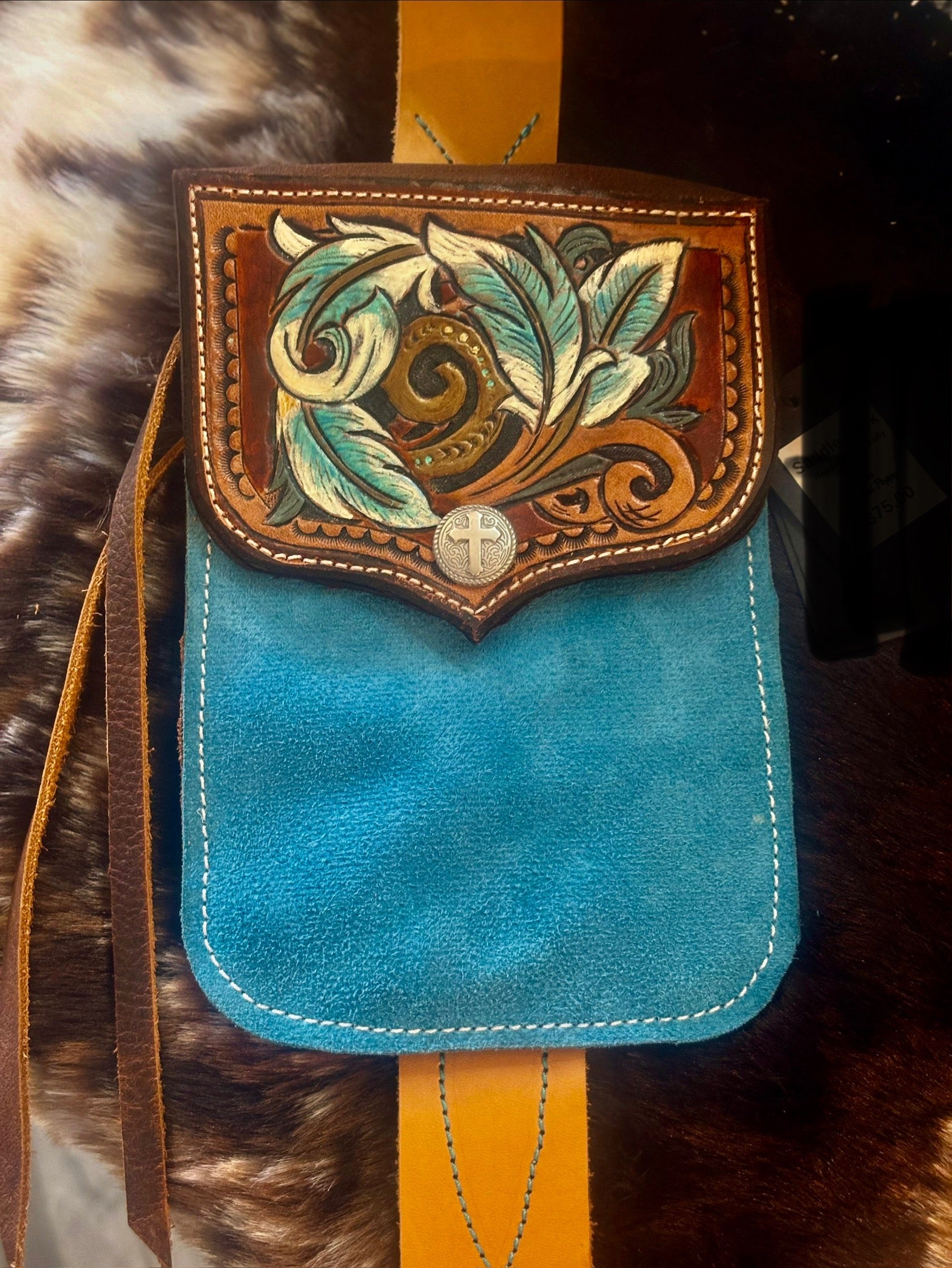 Turquoise leather rear cinch saddle sac